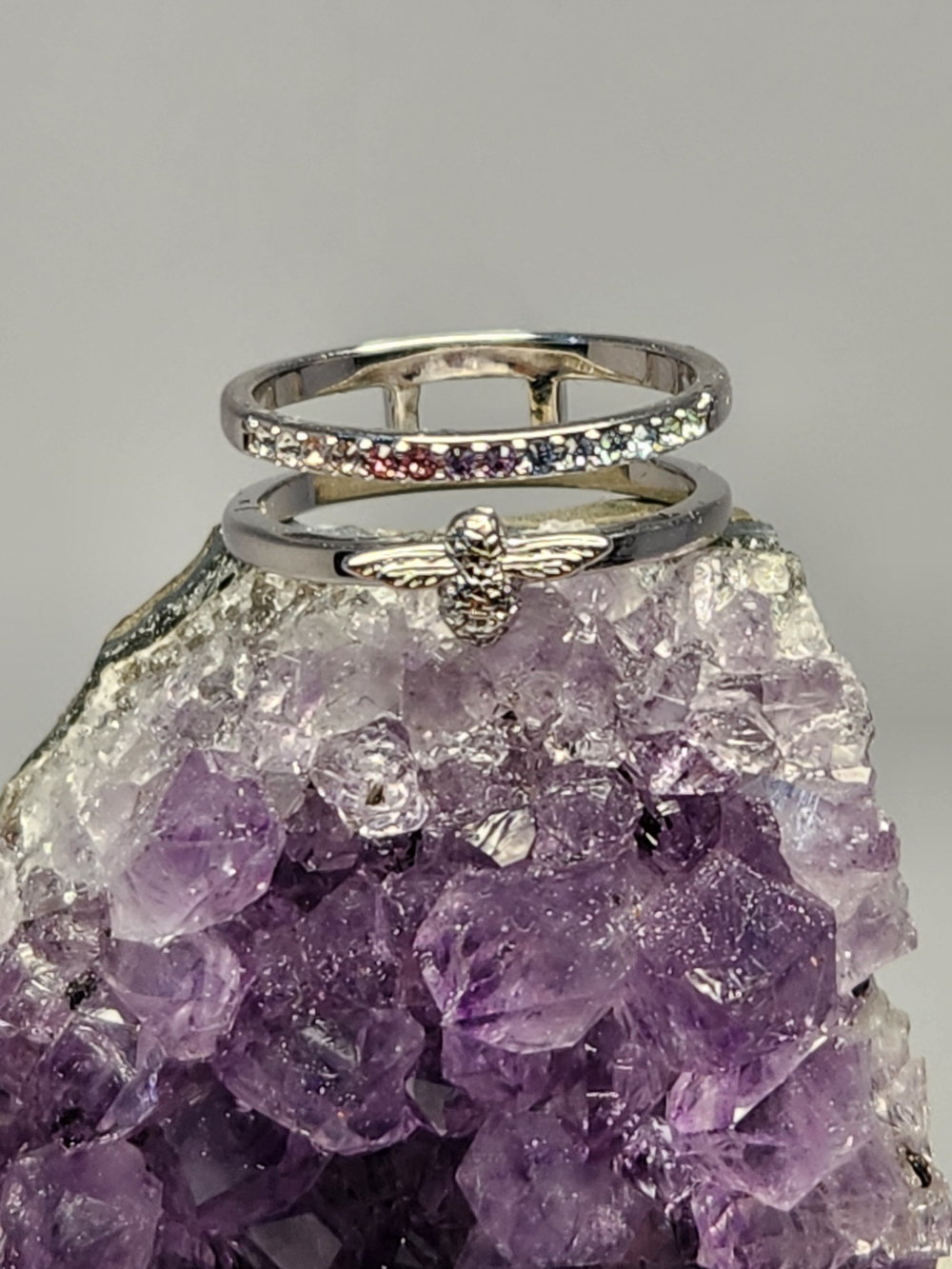 Olivia Burton Rainbow Bee Plated Silver Ring With Multi-Color Crystals Size 7.5